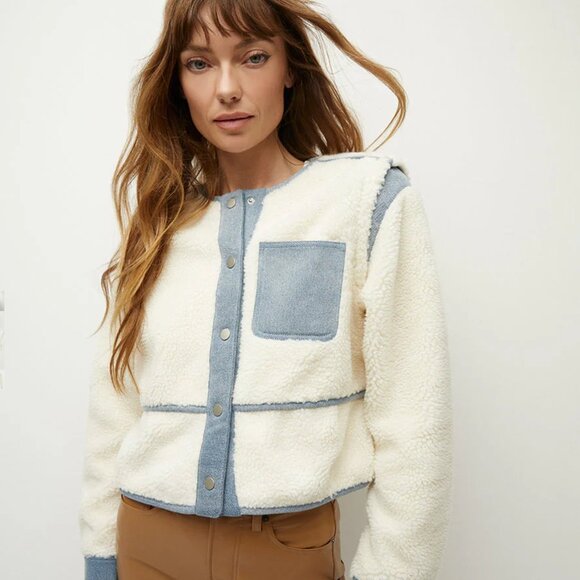 Veronica Beard Surrey Sherpa Jacket Cream Denim Trim Size Large New Tag $598 - Picture 10 of 10
